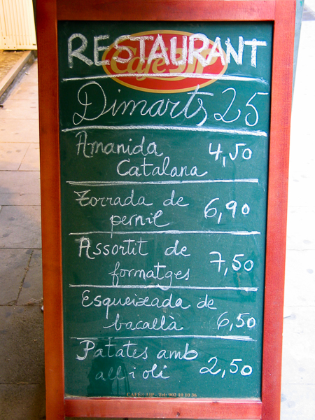 Menu, Barcelona Restaurant