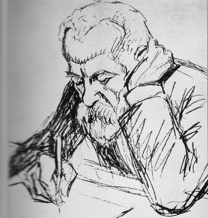 A sketch (by Ricardo Obispo) of an older Atoni Gaudi working in his studio at the Sagrada Familia.